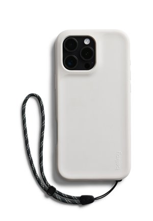 Smartphone with white protective case and black wrist strap attached, showing rear triple camera and flash module.