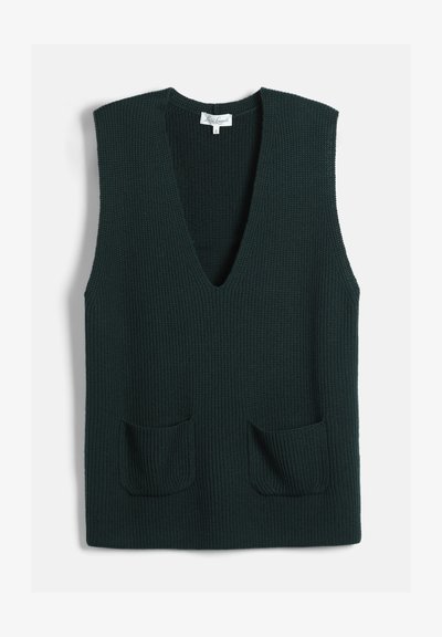 Veste sans manches en maille vert foncé avec un col en V profond et deux petites poches avant, étalée à plat sur fond blanc.