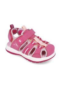 Sandalias infantiles rosas con tejido de malla y acentos de cuero. Diseño de punta abierta con banda ajustable y suela de goma. Cuenta con rayas decorativas.