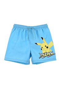 Lichtblauwe zwembroek met een elastische tailleband en trekkoord. Voorzien van een Pikachu-ontwerp en een 'POKÉMON'-graphic in zwart en geel.