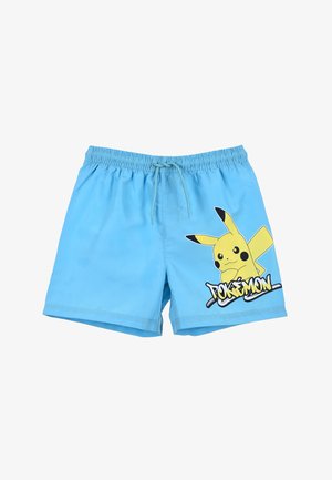 Bañador azul claro con cintura elástica y cordón. Presenta un diseño de Pikachu y el gráfico "POKÉMON" en negro y amarillo.