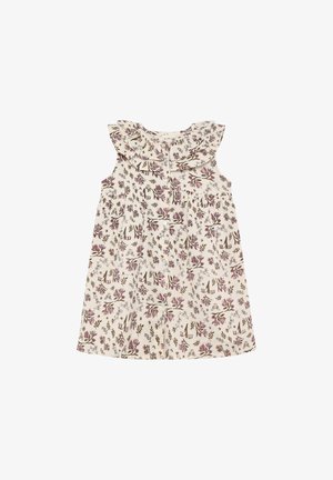 Ärmelloses Kleid aus hellem cremefarbenem Stoff mit floralem Muster in Lila und Grün. Verfügt über einen gerafften Ausschnitt und Knopfdetail an der Vorderseite.