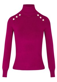 Pull-over à col roulé côtelé à manches longues de couleur magenta avec six boutons décoratifs en or, trois sur chaque épaule.