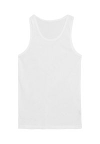 Weißes Tanktop aus geripptem Stoff, mit einem runden Ausschnitt und breiten Schulterträgern. Das Design ist minimalistisch ohne sichtbare Muster.