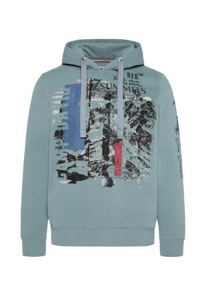 Helleblaue Kapuzenjacke mit einem grafischen Druck auf der Vorderseite, Kordelzügen und gerippten Bündchen und Saum.