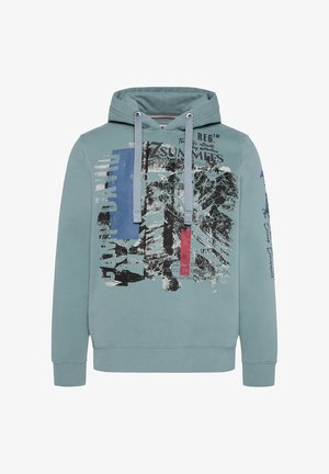 Helleblaue Kapuzenjacke mit einem grafischen Druck auf der Vorderseite, Kordelzügen und gerippten Bündchen und Saum.