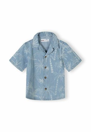 Jasnoniebieska koszula na krótki rękaw zapinana na guziki, z białym nadrukiem palm i brązowymi guzikami, posiadająca luźny kołnierz oraz metkę wewnątrz kołnierza.
