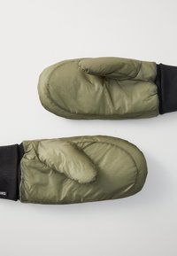 Pair of olive green insulated mittens with black wrist cuffs laid flat on a white surface.