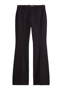 Czarne spódnice w kształcie dzwonu z gładkiego materiału, z dopasowaną talią, bocznymi kieszeniami i wyprasowanymi detalami wzdłuż przodu.