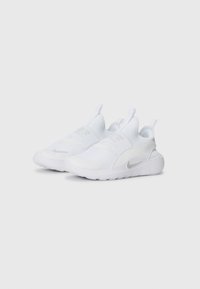 White athletic shoes with a mesh upper, elastic bands, and a rounded toe. Features a subtle silver logo and pull tabs on the heel.