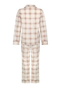 Lichtbruin en crèmekleurig geruit pyjama set met een kraag en lange mouwen. Het materiaal lijkt zacht en heeft een ontspannen pasvorm voor comfort.