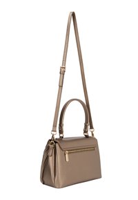Metallisk taupe håndtaske med justerbar rem, toppehåndtag og en frontlomme med lynlås. Glat materiale og struktureret form. Gulddetaljer.