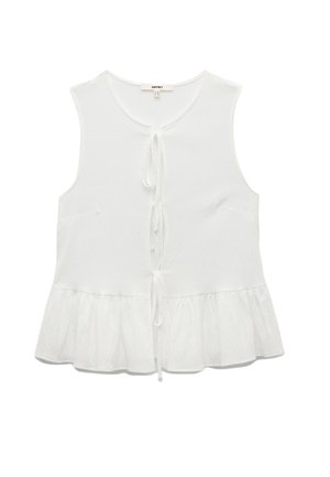 Weißes ärmelloses Oberteil aus strukturiertem Stoff, mit Frontbindeschluss und ausgestellt geschnittenem Saum. Verfügt über zwei seitliche Taschen. Einfaches, elegantes Design.