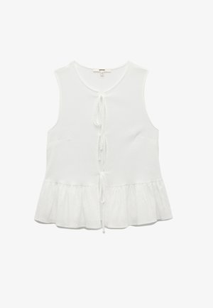 Weißes ärmelloses Oberteil aus strukturiertem Stoff, mit Frontbindeschluss und ausgestellt geschnittenem Saum. Verfügt über zwei seitliche Taschen. Einfaches, elegantes Design.