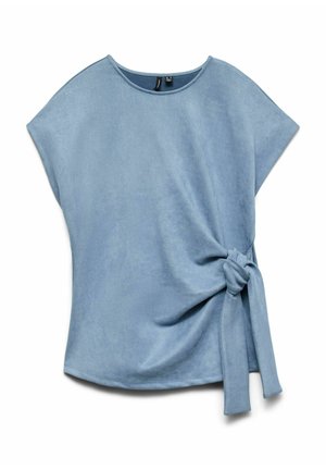 Haut bleu clair à manches courtes en tissu doux, avec un détail noué sur le côté et un col arrondi.