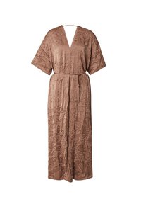 Bruine, gekreukelde maxi-jurk van stof met een diepe V-hals, korte wijde mouwen en een bijpassende riem in de taille. Beschikt over een ontspannen silhouet.