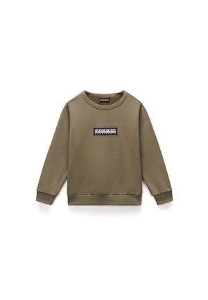 Olive green sweatshirt made of soft fabric, featuring a crew neck, ribbed cuffs, and a black logo patch on the front. Flat lay presentation.