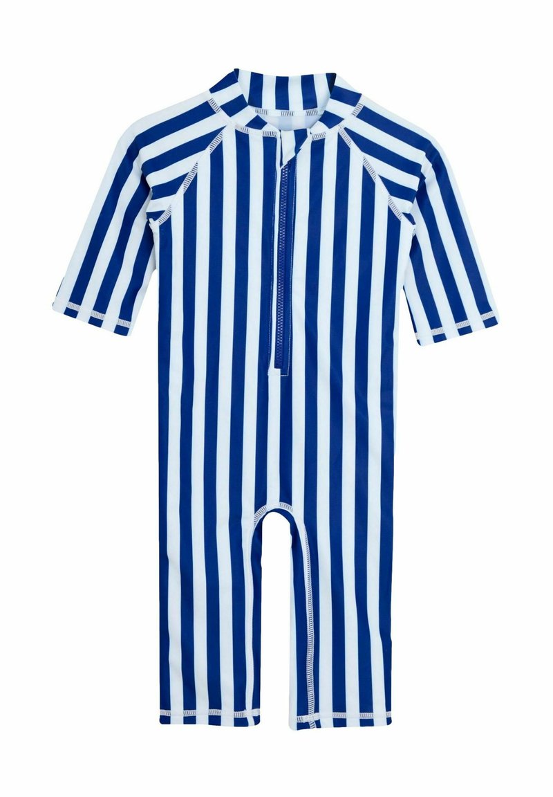 Manteau de plongée rayé bleu et blanc avec des manches courtes, une fermeture éclair frontale et un col rond. Conçu pour les activités aquatiques, il présente une coupe ajustée.