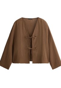Veste marron à manches longues texturée avec un col en V profond et deux fermetures avant nouées, coupe ample et tissu léger.