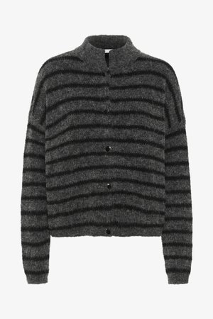 Fuzzy, gray cardigan with black horizontal stripes, featuring a collar and five black buttons down the front. Textured, soft material.