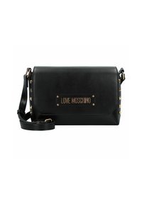 Borsa a tracolla nera in pelle con accessori dorati. Presenta una placca con il logo Love Moschino e borchie decorative ai lati. Forma rettangolare.