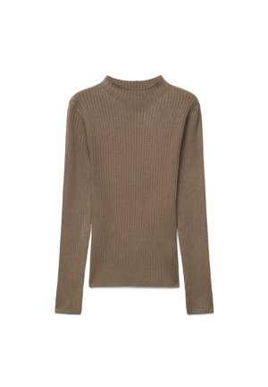 Maglione marrone a coste a maniche lunghe con collo a giro alto, mostrato disteso su sfondo bianco.