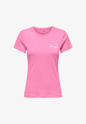 Short-sleeve t-shirt in bright pink cotton. Features a round neckline and white text, "LIMITLESS," with subtle branding on the chest.