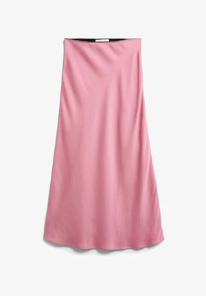 Pink satin midi skirt with a slight A-line shape and smooth texture, displayed against a white background.