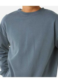 Grauer Baumwollpullover mit Rundhalsausschnitt, lockerer Passform und gerippten Bündchen. Glatte Textur, minimalistisches Design, keine sichtbaren Muster oder Akzente.