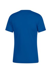 T-shirt a maniche corte di colore blu solido, realizzato in tessuto liscio. Presenta un colletto tondo e orlo dritto, senza motivi o dettagli.