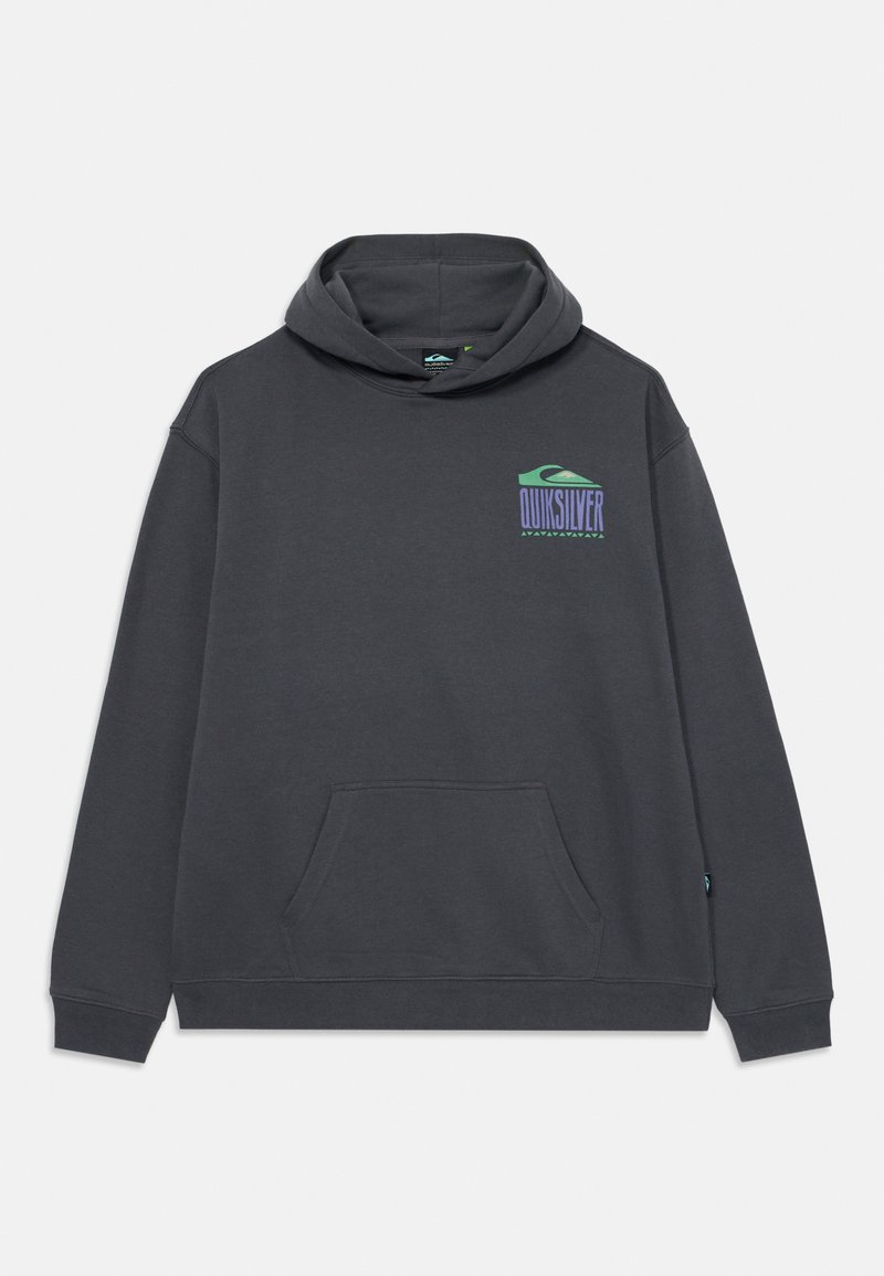 Hoodie gri dintr-un amestec de bumbac, prevăzut cu o buzunar frontal, glugă cu șnur și logo-ul Quiksilver cu accente verzi și purpurii pe piept.