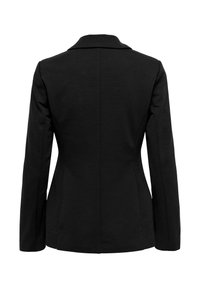 Blazer noir cintré à manches longues et col, vu de dos sur fond blanc.
