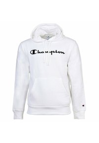 Weißer Hoodie aus weichem Material mit einer Vordertasche, Kapuze mit Kordelzug und schwarzem "Champion"-Logo auf der Brust. Mit gerippten Bündchen.
