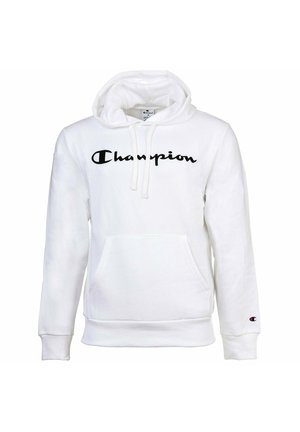 Weißer Hoodie aus weichem Material mit einer Vordertasche, Kapuze mit Kordelzug und schwarzem "Champion"-Logo auf der Brust. Mit gerippten Bündchen.