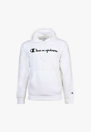 Weißer Hoodie aus weichem Material mit einer Vordertasche, Kapuze mit Kordelzug und schwarzem "Champion"-Logo auf der Brust. Mit gerippten Bündchen.