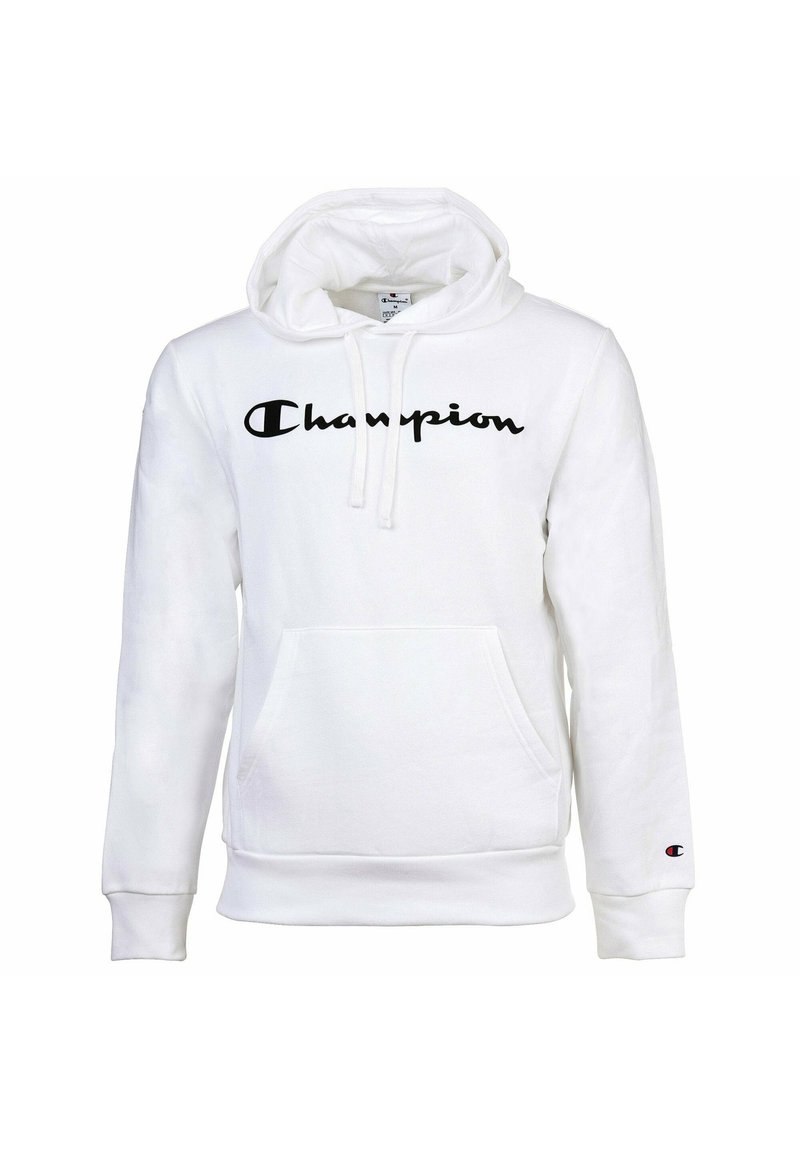 Weißer Hoodie aus weichem Material mit einer Vordertasche, Kapuze mit Kordelzug und schwarzem "Champion"-Logo auf der Brust. Mit gerippten Bündchen.