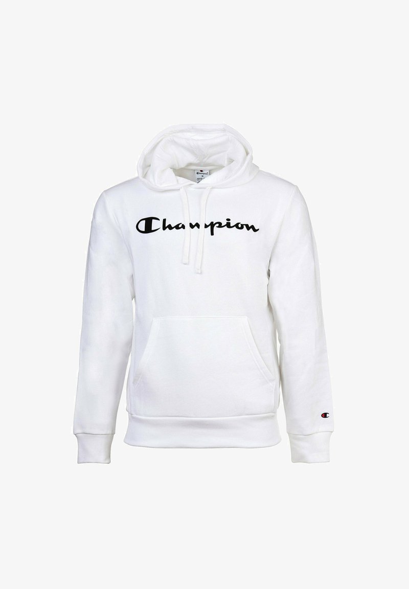 Weißer Hoodie aus weichem Material mit einer Vordertasche, Kapuze mit Kordelzug und schwarzem "Champion"-Logo auf der Brust. Mit gerippten Bündchen.