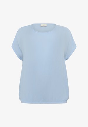 Světle modrý krátký rukáv top vyrobený z měkké látky, s kulatým výstřihem a volným střihem, se hladkým, mírně texturovaným povrchem.