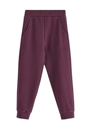 Pantalons de jogging de couleur bordeaux avec une taille élastique, des poches latérales et des poignets côtelés aux chevilles.