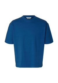 Blå T-shirt med korte ærmer, rund hals, lavet af bomuld, med en afslappet pasform og glat tekstur, uden synlige mønstre eller accenter.