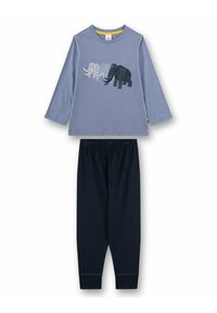 Kinder-Loungewear-Set mit einem blauen Langarmshirt mit Elefantendruck und navyblauen Schlafanzughosen mit elastischem Bund.