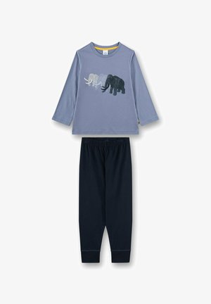 Children's loungewear set featuring a blue long-sleeve shirt with an elephant print and navy pajama pants with an elastic waistband.