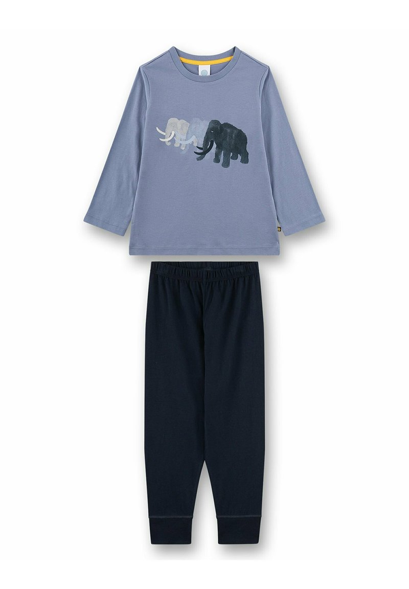 Kinder-Loungewear-Set mit einem blauen Langarmshirt mit Elefantendruck und navyblauen Schlafanzughosen mit elastischem Bund.