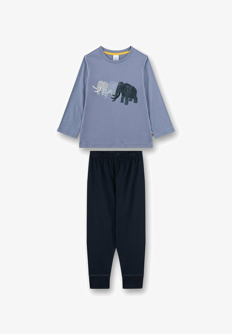 Kinder-Loungewear-Set mit einem blauen Langarmshirt mit Elefantendruck und navyblauen Schlafanzughosen mit elastischem Bund.