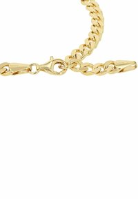 Collana in metallo dorato con chiusura a gancio e marcature incise su entrambi i lati, su uno sfondo bianco.