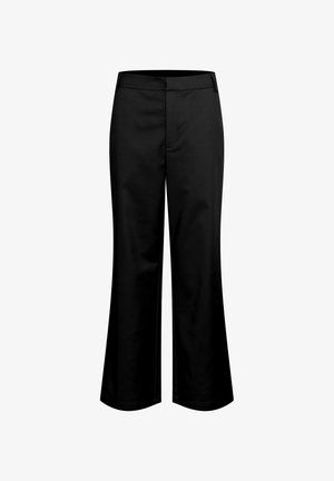 Black wide-leg trousers made of smooth fabric, featuring a flat front, no visible pockets, and a clean, tailored silhouette.