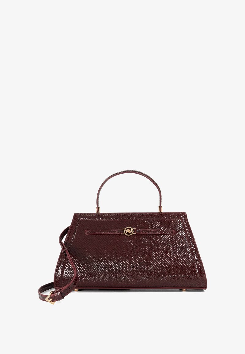 Burgundy leather handbag with a structured design, glossy texture, top handle, and detachable strap. Features a gold-tone clasp and accents.