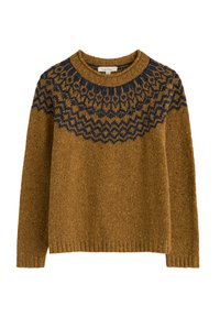 Pletený sveter v zlatohnedej farbe s námorníckym vzorom na výstrihu. Má okrúhly výstrih a dlhé rukávy, vyrobený z textúrovaného materiálu.