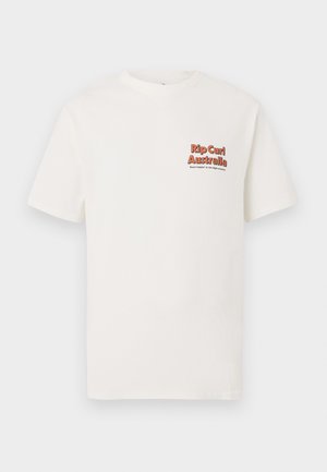 White short-sleeve crew neck t-shirt with small orange and black "Rip Curl Australia" logo and text on the left chest.