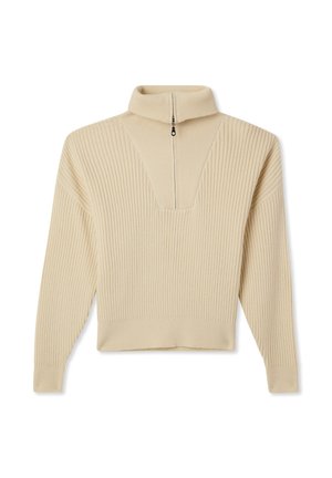Maglione beige a coste con colletto alto e zip frontale a metà. Presenta un collo a V e maniche larghe. Texture morbida, vestibilità casual.